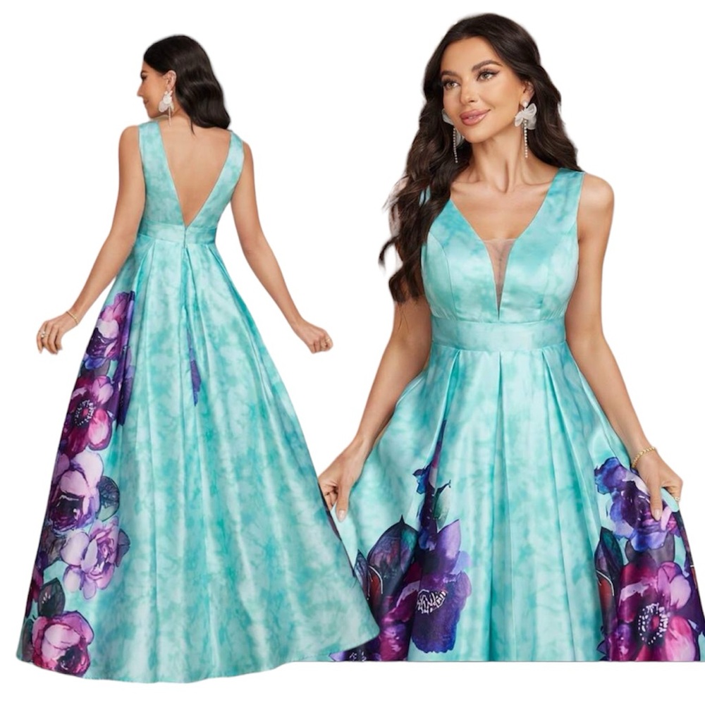 Green Sleeveless Dress with Floral Print